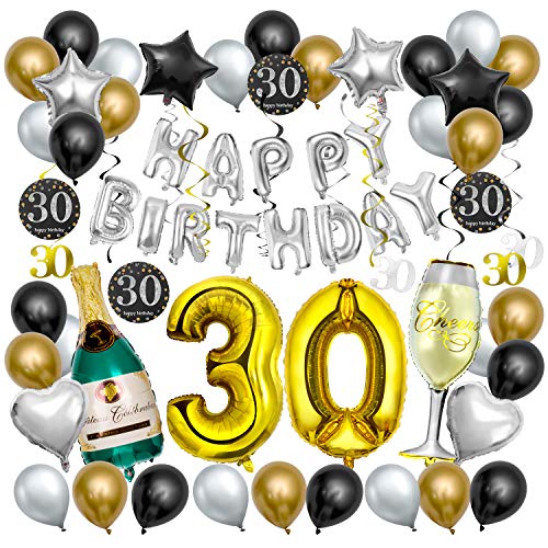 Comius Sharp 30esimo Compleanno Decorazioni, 65 PCS Oro Nero Decorazioni per la Festa di Compleanno, Bottiglie Champagne Gonfiabili Turbinii Appesi per 30° Compleanno Festa