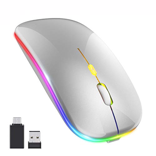 PASONOMI Mouse Wireless Ricaricabile Mouse Silenzioso Con luce LED Ricevitore USB di tipo C per PC, Laptop, Mouse Senza Fili da Viaggio Portatile (Argento)