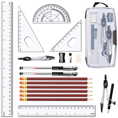 LATERN 20 Pezzi Bussola Geometrica Set, Kit Per Studenti Compasso E Goniometro, Placchette (30° / 45° / 60°), Gomma, Temperamatite, Righelli Diritti (15cm / 20cm / 30cm), Matite, Penne Gel