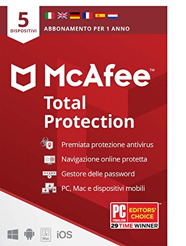 Mcafee Total Protection 2020, 5 Dispositivi, 1 Anno, Software Antivirus, Mobile, Gestore Password, Multi-Dispositivo Compatibile con PC/Mac/Android/iOS, Edizione Europea, Posta