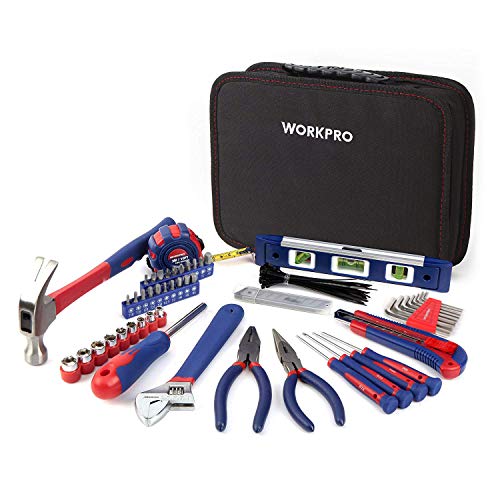 WORKPRO Set Porta Attrezzi Uso Domestico Riparazione 100 Pezzi Utensili per Officina e Lavoro con Pinza, Coltello, Cacciavite, Chiavi a Bussola, Livella, Metro in Cassetta