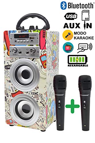 DYNASONIC 025 Cassa Bluetooth Altoparlante con Karaoke 10W | Cassa portatile compatibile con computer, telefoni ecc con Microfono incluso (2 Microfoni)