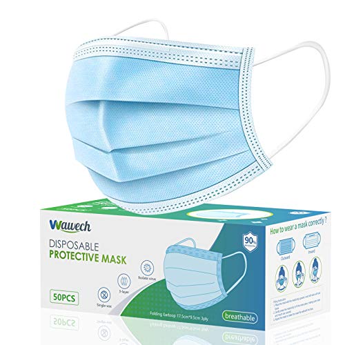 Wawech 50 PCS Mascherine monouso a 3 strati Maschere per il viso protettive con elastici per adulti