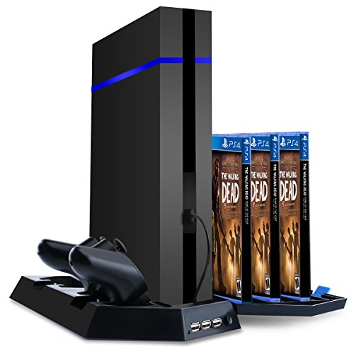 Samoleus PS4 / PS4 Slim / PS4 PRO Supporto Verticale con Ventola di Raffreddamento, Doppia Stazione di Ricarica, Cooling Fan con 14 Slot Game Storage e 3 Porte USB per Playstation 4/4 Slim / 4 PRO