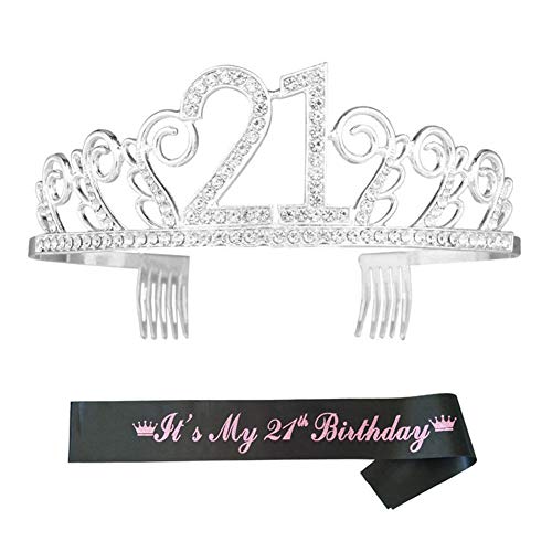 21 ° compleanno corona di cristallo diadema corona di compleanno con il mio 21 ° compleanno sash corona di compleanno corone principessa accessori per capelli - argento per feste di compleanno o torte