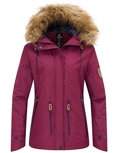 Wantdo Giacca da Sci Impermeabile Giacca da Neve in Pile Warm Cappotto da Lavoro Idrorepellente Abbigliamento da Sci Taglia Forti Donna Rosso Vino S