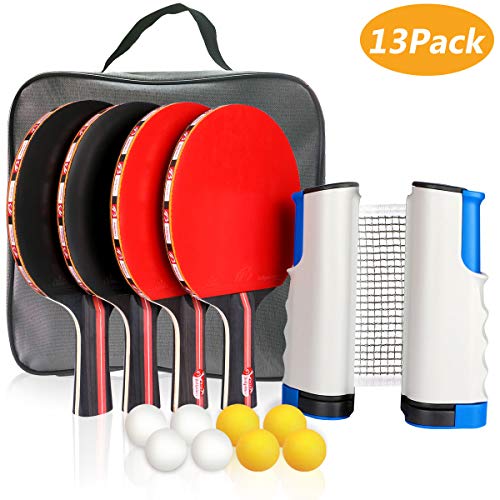 XDDIAS Set da Ping Pong, Istantanee Racchette da Ping Pong Racket, 4 Racchetta/Pagaia + 8 Palline/Sfere + 1 Regolabile Rete per attività All'aperto al Coperto (Rosso)