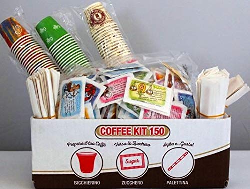 Aura Caffè 600 Bicchieri in Carta per caffè, Biodegradabili + 600 Palette in bambù Bio + 600 Bustine di Zucchero