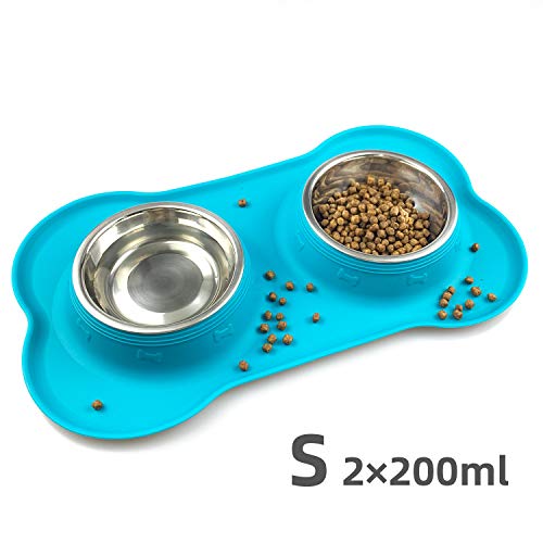 Ciotole per cani e gatti in acciaio inossidabile 2x200ml, 2 ciotole per mangiatoie per animali domestici con base in tappetino silicone antiscivolo,Assicurazione,Durevole (rosa)