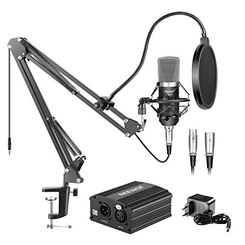 Neewer NW-700 - Microfono Professionale a condensatore kit + 48 V alimentazione Phantom, con caricabatteria e un cavo audio per Microfono a Condensatore XLR, Nero
