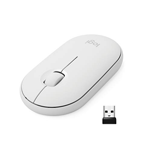 Logitech Pebble Mouse Wireless, Bluetooth o 2.4 GHz con Mini Ricevitore USB, Silenzioso, ‎Sottile, Clic Silenziosi, per PC/Mac/Laptop/iPadOS, Bianco