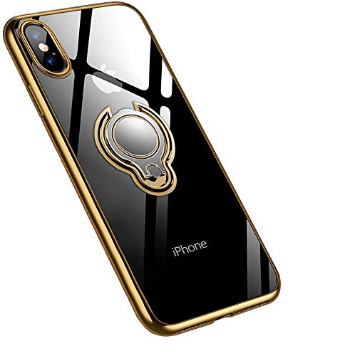 jaligel Cover per iPhone XS e iPhone X Custodia Trasparente Morbida Silicone Sottile TPU con Supporto per Anello, Antiurto AntiGraffio Protettiva Case per iPhone X/XS da 5,8 Pollici - Oro