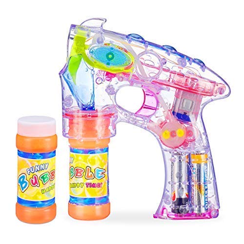Relaxdays Pistola Sparabolle a LED, a Batteria, 2X Liquido per Bolle, per Bambini e Adulti, Trasparente