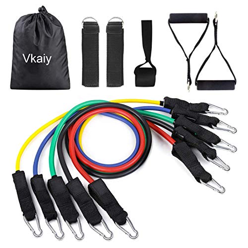 Vkaiy Set di Fasce di Resistenza, Bande di Resistenza, 5 Bande Elastiche in Lattice con Maniglie, Gancio per Fissaggio Alla Porta & Cinghie Puntapiedi e Borsa, per Attrezzi Da Fitness, Yoga, Pilates