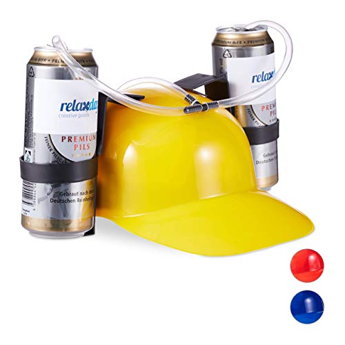 Relaxdays Cappello Porta Birra, Elmetto con cannuccia, per 2 Lattine, Gadget per Carnevale, Calcio, Feste, Giallo