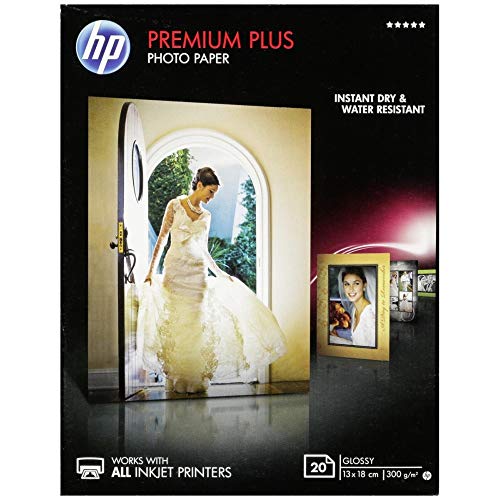 HP CR676A Premium Plus Glossy Photo Paper, Confezione da 20 Fogli di Carta Fotografica Lucida, Originali HP, Compatibile con Stampanti a Getto di Inchiostro, 13 x 18 cm, Grammatura 300 g/m², Bianca