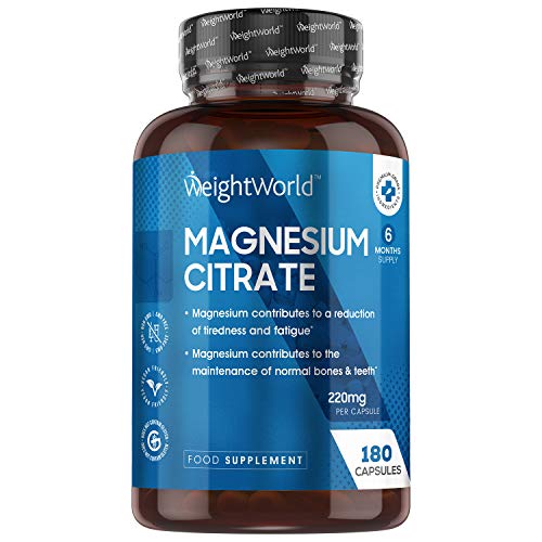 Magnesio Citrato + Magnesio Elementare Puro 220mg, 180 Capsule Vegan (Scorta di 6 Mesi) per Cervello, Energia, Ossa e Denti - Magnesium Citrate Integratore Magnesio compresse Naturale, Senza Glutine