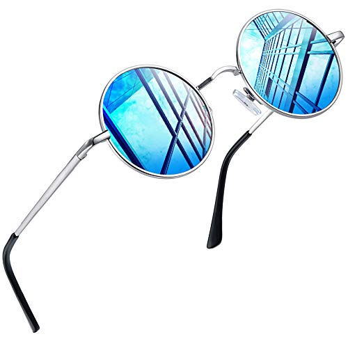 Joopin Occhiali da Sole da Specchio Polarizzate Vintage Stile Lennon Rotondi Piccoli Tondi da Uomo e Donna UV400 Protezione (Lente Polarizzate Blu)