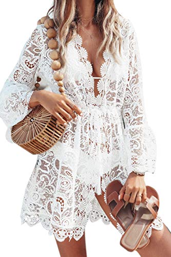 Sexy Copricostume da Bagno Donna Pizzo Bianco Scollo a V Copricostumi Parei Bikini Cover Up Manica Lunga Abito da Spiaggia (Bianco, M)