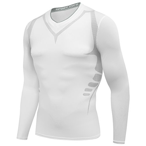 Amzsport, maglietta da uomo a compressione, a maniche lunghe, funzione BaseLayer, bianco, XXL