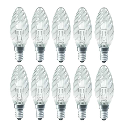 Luminizer - 10 lampadine alogene ecologiche a intensità regolabile, colore: bianco caldo, E14, 18 - 42 Watt, Vetro, trasparente, 42 W Kerze gedreht, E14