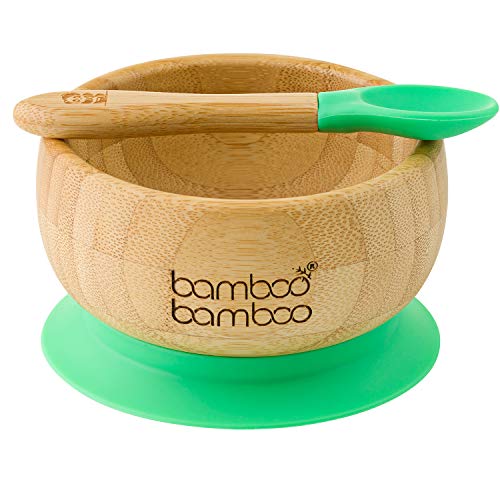 Set Bambino Ciotola con Base a Ventosa e Cucchiaio Coordinato, Ciotola per la Pappa Stay Put con Base a Ventosa, Bamb Naturale