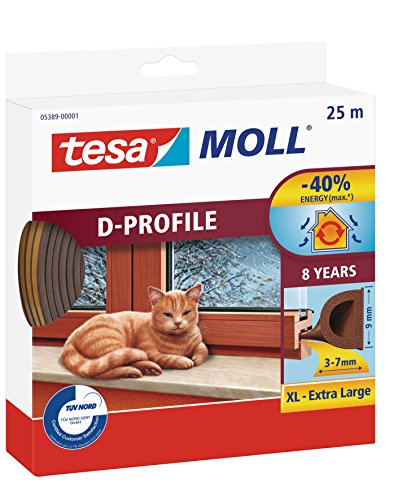 Tesa 05389 – 00001 – 00 Moll d-profile paraspifferi per porte e finestre, marrone, 25 m x 9 mm