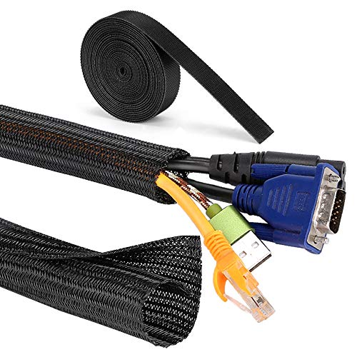 Raccogli Cavi, MOSOTECH 2 X 1,6M Guaina per Cavi Intrecciato con 3,1M Fascette per Cavi in Nylon, Flessibile Organizzatore Cavi per TV/Computer/Audio Manicotti Protezione - Ø16mm,Nero