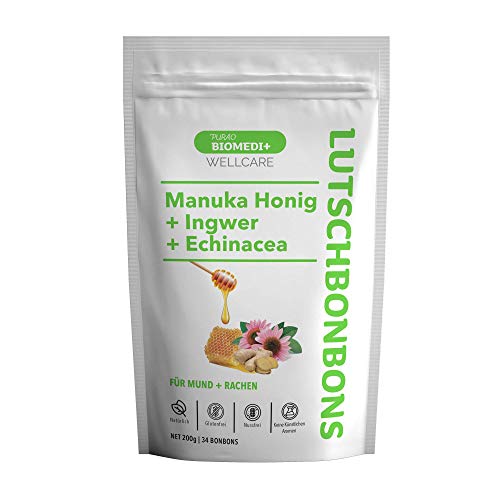 Purao Biomedi+ 34 Caramelle - Gocce di Manuka al Zenzero & Echinacea con Miele di Manuka attivo - per bocca e gola - confezionate singolarmente in un sacchetto richiudibile da 200g