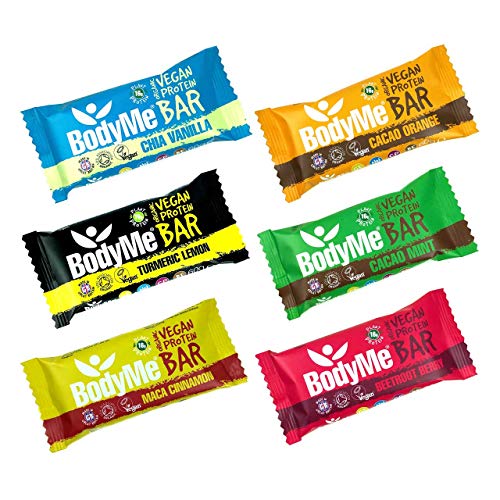 BodyMe Barrette Proteiche Vegan Bio | Pacchetto Prova Misto | 6 x 60g Barretta Proteica | Senza Glutine | 16g Proteine Vegane Complete 3 Proteine Vegetali Tutti Amminoacidi Essenziali | Snack Proteici