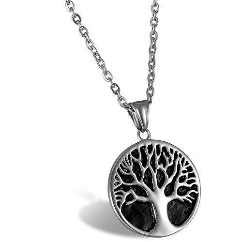 Collana da uomo, in acciaio, con ciondolo, pendente Oidea, vintage, albero della vita, catena da 55 cm, argento nero