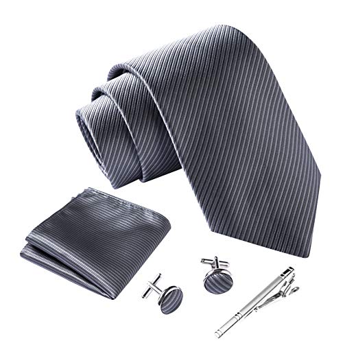 Massi Morino ® Cravatta uomo + Gemelli + Fazzoletto (Set cravatta uomo) regalo uomo con confezione regalo (Grigio)