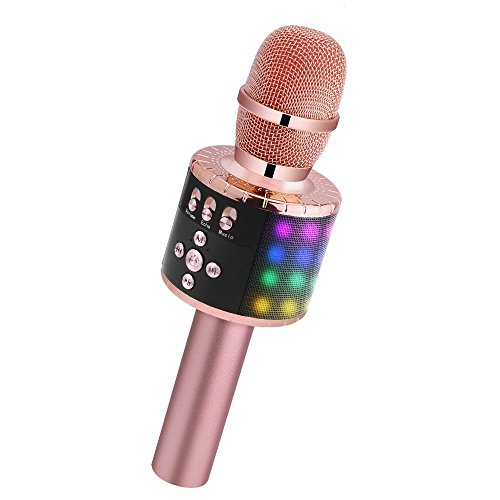 BONAOK Microfono Bambini Senza Fili, Bluetooth Microfono Karaoke Wireless con luci a LED controllabili, Portatile Macchina da Karaoke per Android/iPhone/iPad/Sony/PC Smartphone(oro rosa)