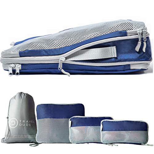 TRAVEL DUDE Organizer Valigie | Cubi con Compressione | realizzati con Bottiglie di Plastica Riciclata | Set da Viaggio per zaini o bagagli a mano | Organizer Valigia (blu/ 4 pezzi)