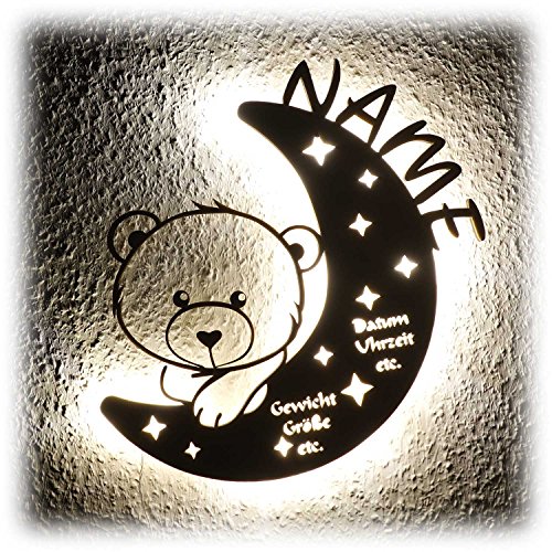 Luce notturna LED con orsetto sulla luna, regalo unico per battesimo e nascita, per bambini e bambine, personalizzabile
