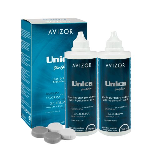Soluzione singola Avizor Unica Sensibile. Soluzione per la pulizia e la disinfezione di tutti i tipi di lenti a contatto morbide. 2 x 350 ml