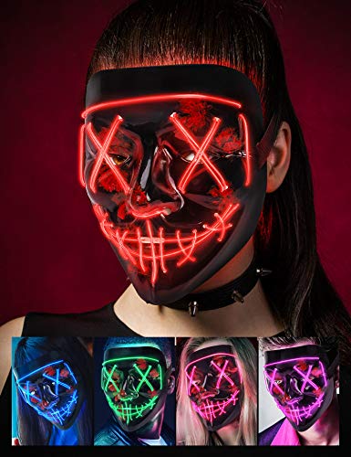 Maschera LED Halloween, the Purge Mask LED che si Illumina nella Notte, LED Maschera Viso 3 Modalità di Luci, Maschera da La Notte Del Giudizio per Costume Cosplay Festa e Party di Carnevale - Rosso