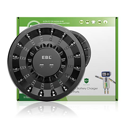 EBL 16 Slot Caricabatterie Indipendente per AA AAA Ni-MH Ni-CD Batterie Ricaricabili, Caricatore con due USB Porte per Smartphone o Tablet