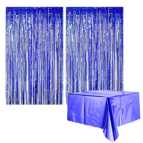 Yisscen Tende con frange, Tenda in lamina, Tenda in nappa metallizzata, 2 Pezzi Tende Metalliche + Tovaglia in lamina 1 pezzo, Per compleanno Matrimonio Halloween Festa di laurea di Natale (blu)