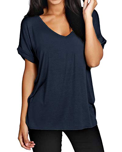 ZANZEA Donna Top T-Shirt Manica Corta Scollo a V Estate Casual Basic Cotone Tinta Unita Blu XL