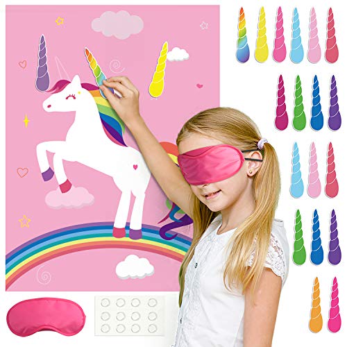 FEPITO Unicorn Party Game, Pin The Horn on The Unicorn Birthday Party Game con 24 corni per decorazioni per feste Unicorn, Forniture per feste di compleanno per bambini Unicorn (rosa)