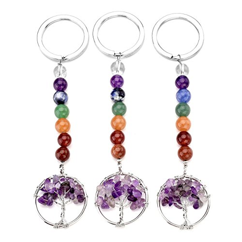 CrystalTears Set di Portachiavi Donna Chakra con Ciondolo Albero di Vita Pietre Naturali Catena di Sette Pietre in Lega Argento Regalo per Amici (3 Pezzi)