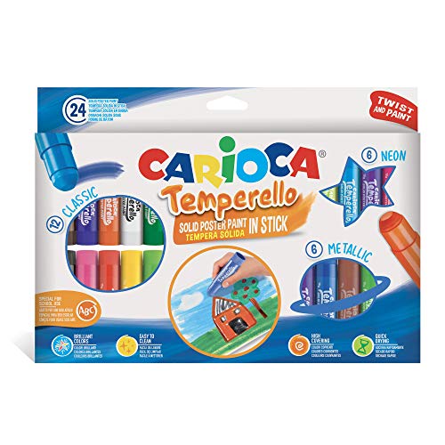 Carioca TEMPERELLO Kit | 43290 - Set Tempera Solida in Stick, Colori Assortiti e Coprenti, 24 Pezzi
