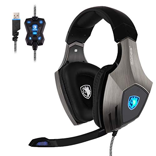 SADES R7 Gaming Headset, USB Headset Cuffie da gioco stereo per auricolari Over-Ear Supporta il suono surround virtuale a 7.1 canali con microfono retrattile EQ Bass Boost Button per PC e Mac (nero)