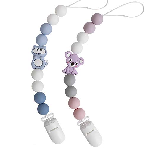 Catenella Portaciuccio Catena Bambino Ciuccio Clip Procione Koala Massaggiagengive Silicone Dentizione per Ragazzi e ragazze Senza BPA (Blu Viola)