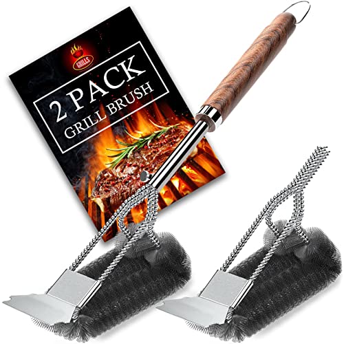 POLIGO Set di 2 spazzole e raschietti per barbecue sicuri, in acciaio inox resistente, con testina extra per spazzole, setole in filo intrecciato, accessori per la pulizia della griglia a gas