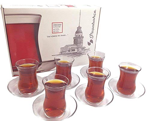 Pasabahce Design Set di 6 bicchieri da tè turchi da 120 cc e piattini (confezione in lingua italiana non garantita) - Bicchieri da tè turchi lavabili in lavastoviglie.