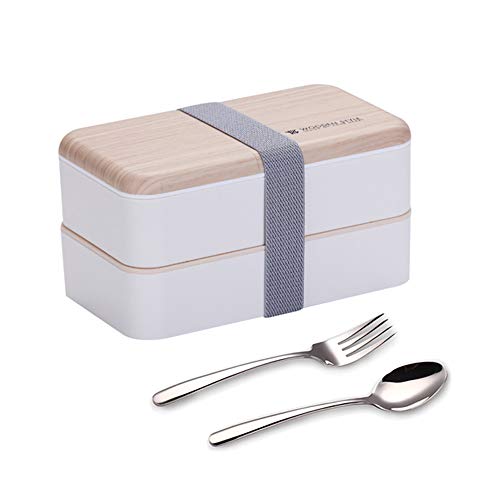 Binoster Lunchbox portapranzo Scatole bento Box Contenitore Originale divisore Bundle Stile Giapponese a Tenuta stagna con Cucchiaio e forchetta in Acciaio Inox bambù (Bianca)