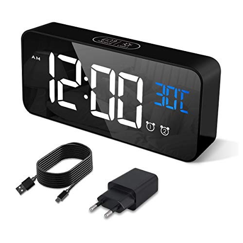 HERMIC Sveglia Digitale, Sveglia da Comodino con Temperatura, Orologio digitale con 2 Allarme, Snooze, 4 Livelli di luminosità, Controllo Vocale, USB Ricaricare, Sistema 12/24 Ore (Nero)