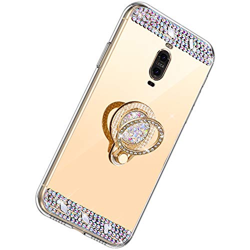 Herbests Cover per Huawei Mate 9 Pro Custodia Morbido Cover Specchio Ultra Slim Sottile Antiurto TPU Silicone Custodia Brillantini Diamond Strass Cover Case con Supporto Anello,Oro